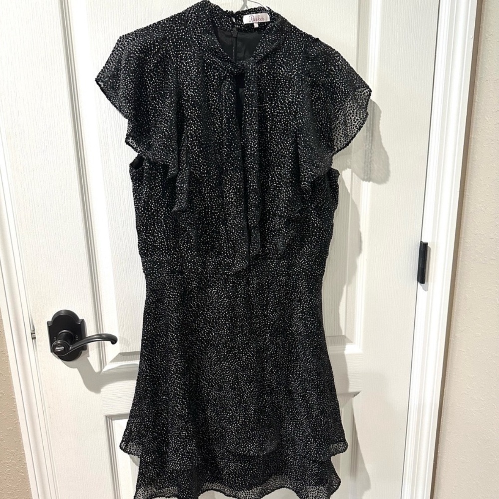 Parker Silk Black and White Polka Dot Flutter Sleeve Dress